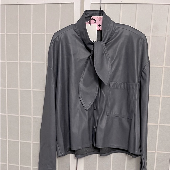 Zara Women's Dark Grey Faux Leather Tie Shirt - Picture 5 of 7